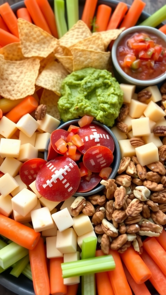 A vibrant snack platter with tortilla chips, guacamole, salsa, cheese cubes, pepperoni, olives, and fresh veggies for game day.
